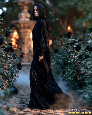 In a misty garden, a woman in a long black dress stands by black roses