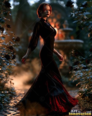 A woman in a long floor-length black dress walking through a dark garden