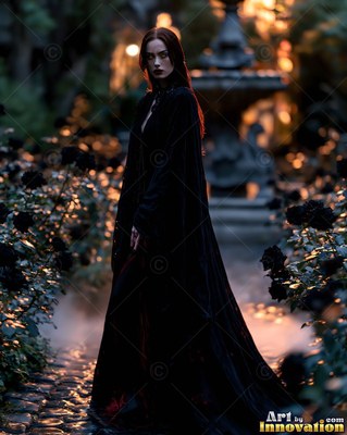 A woman in a long black velvet cloak walks through a garden of dark roses at dusk