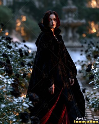 A woman in a black hooded cape stands in a garden of dark roses under dim yellow lamplight