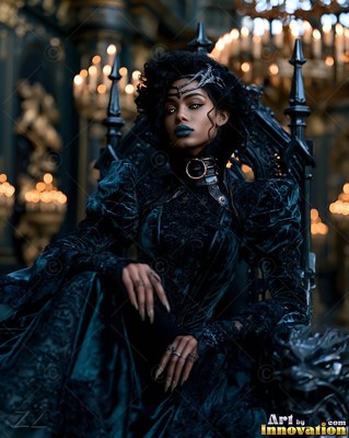 Seated on a dark throne, a woman in deep teal velvet looks ahead