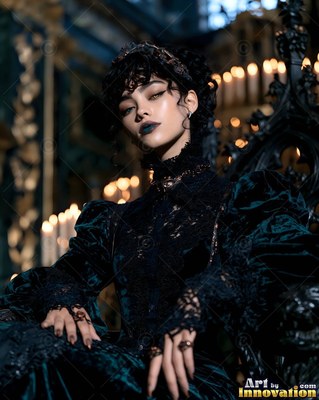 A light-skinned woman in dark green velvet sits on a black throne by candlelight
