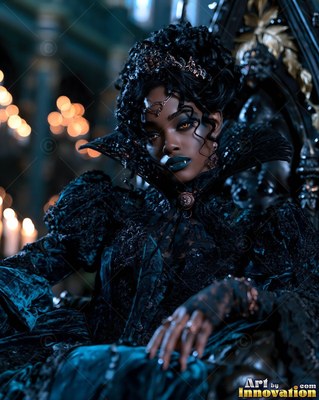 On a carved throne, a black woman wears a dark lace gown and crown