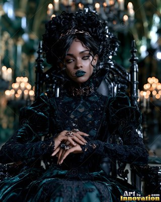 Sitting on a dark throne, a pale-skinned woman in dark velvet gown folds her hands