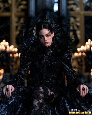A woman wearing a black lace gown sits on a throne by candlelight