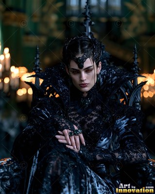 A black crown rests on a pale-skinned woman sitting on a dark throne near candlelight