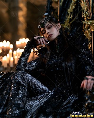 A woman in black sits on a dark throne near blurred warm candlelight