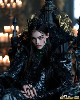 Sitting upright on a dark carved throne, a pale-skinned woman wears a black crown and dress