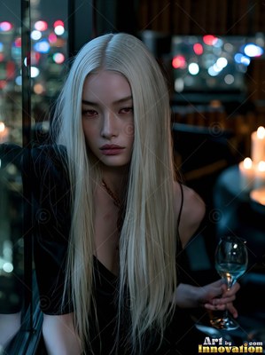 A blonde woman in a black dress holds a wine glass by a city window