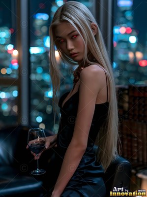 In a dark high-rise room, a blonde woman in a black slip dress holds a wine glass
