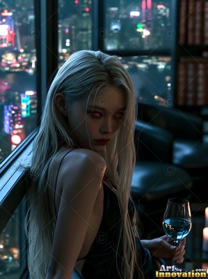 Holding a wine glass, a pale blond woman with red eyes sits by a city window