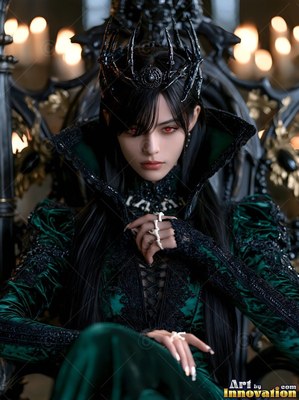 A crowned woman with red eyes sits on a black throne in green velvet