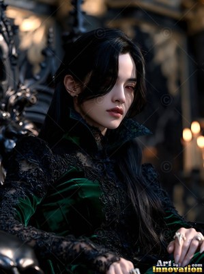 A dark green velvet collar frames a pale-skinned woman sitting on a black throne near candle light