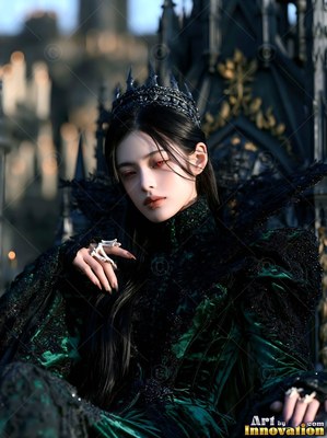 A crowned woman sits on a throne wearing a dark green velvet dress under dim light