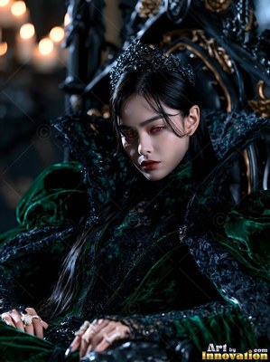 Seated back on a dark throne, a light-skinned woman rests in a dark green velvet dress