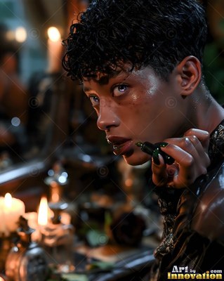 A short-haired woman holds a tiny bottle near lit candles