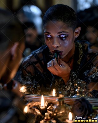 In a dark room by candlelight, a woman applies lipstick in a mirror