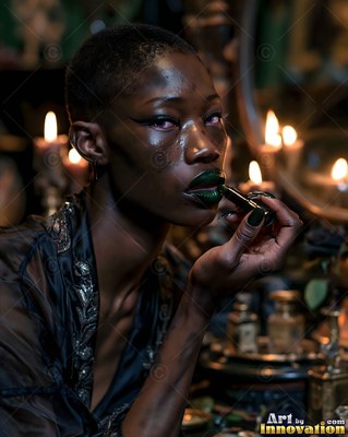 Applying dark green lipstick by candlelight, a woman sits at her vanity table
