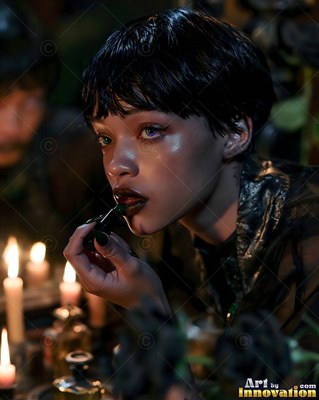 Short-haired woman applies dark lipstick by candlelight