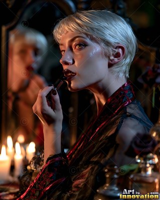 Short blond hair frames a woman putting on dark lipstick by candlelight at a mirror