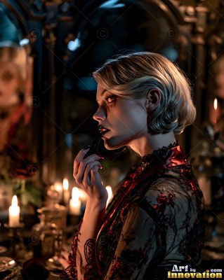 A woman applies black lipstick before a mirror in warm candlelight