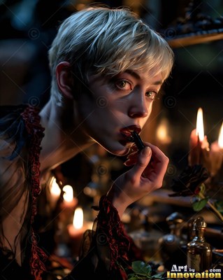 Leaning close to a vanity, a short-haired woman applies dark lipstick by candlelight
