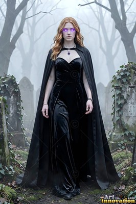 In a foggy cemetery, a woman in a black velvet dress and cape walks forward