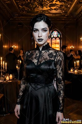 Standing in a candlelit ballroom, a woman with pale skin wears a high-necked black lace gown