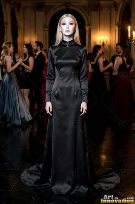 A light-skinned woman in a long black satin dress at a ballroom
