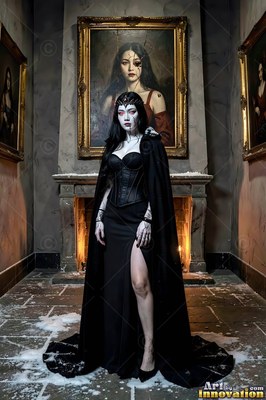 In a black boned corset and long cape, a pale woman stands before a stone fireplace