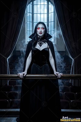 A vampire woman wearing a black cape grips a wooden railing under pale blue window light