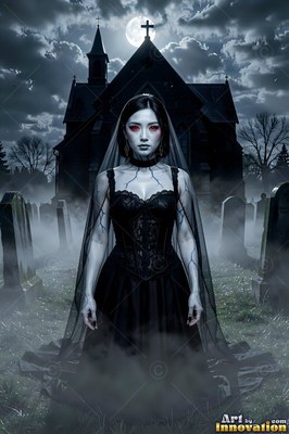 Standing straight in a foggy cemetery, a pale-skinned woman wears a black lace dress and veil