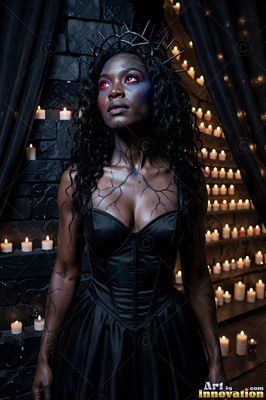 A woman wearing a black corset dress and crown stands before small candles