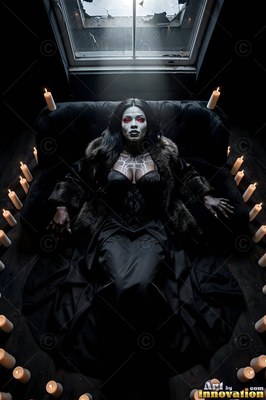 In a dark room ringed with candles, a fair woman reclines on a black couch