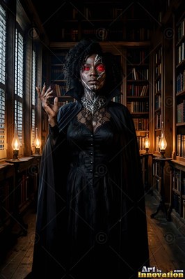 Standing in a dark library, a woman dressed in a black cape stares forward with red eyes