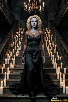 A pale woman in a dark gown stands on stairs lined with candles