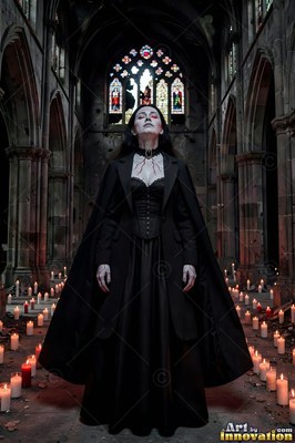 Wearing a black corset and cape, a pale woman stands surrounded by candles in a ruined church