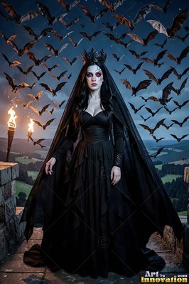 A pale-skinned woman dressed in a black dress stands among flying bats beside orange torchlight