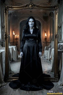 Standing straight in a tall mirror, a pale vampire woman clad in a black gown