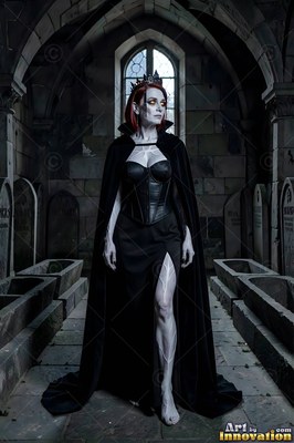 A fair woman in a black corset and cape stands in a stone crypt