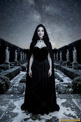 In a snowy courtyard under the stars, a woman dressed in a black hooded gown smiles
