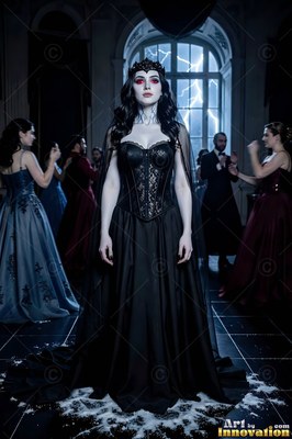 Standing before lightning, a fair woman in a black corset dress wears a crown