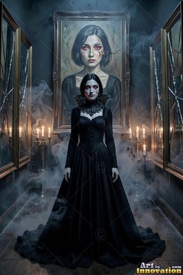 Pale woman clad in a black gown stands as she stands before a portrait of herself