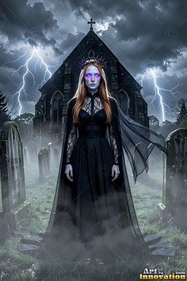 A light-skinned woman stands in a graveyard as white lightning strikes behind a dark chapel