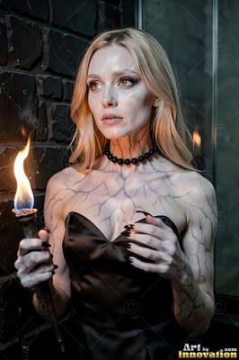 Facing forward, a blonde woman in a black dress holds a torch by a dark wall
