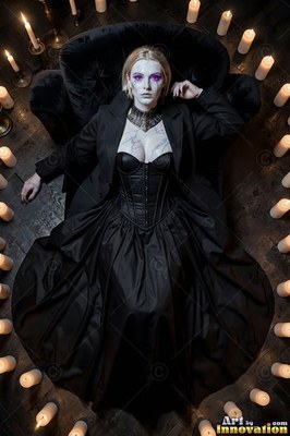 A fair woman rests in a black chair circled by burning white candles