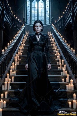 Standing on a dark staircase lined with candles, a fair woman wears a long black silk gown