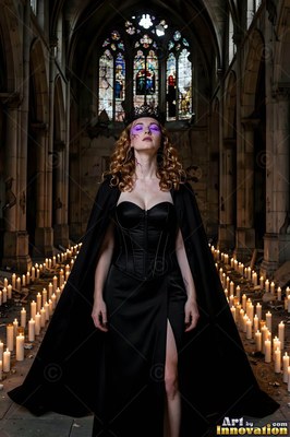 Woman clad in a black satin dress and cape among church candles