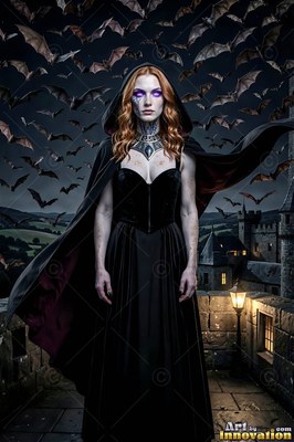 Wearing a hooded black cape, a red-haired woman stands on a stone rooftop under flying bats