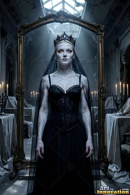 A woman with pale skin wearing a black gown stands before a tall mirror under cool gray skylight